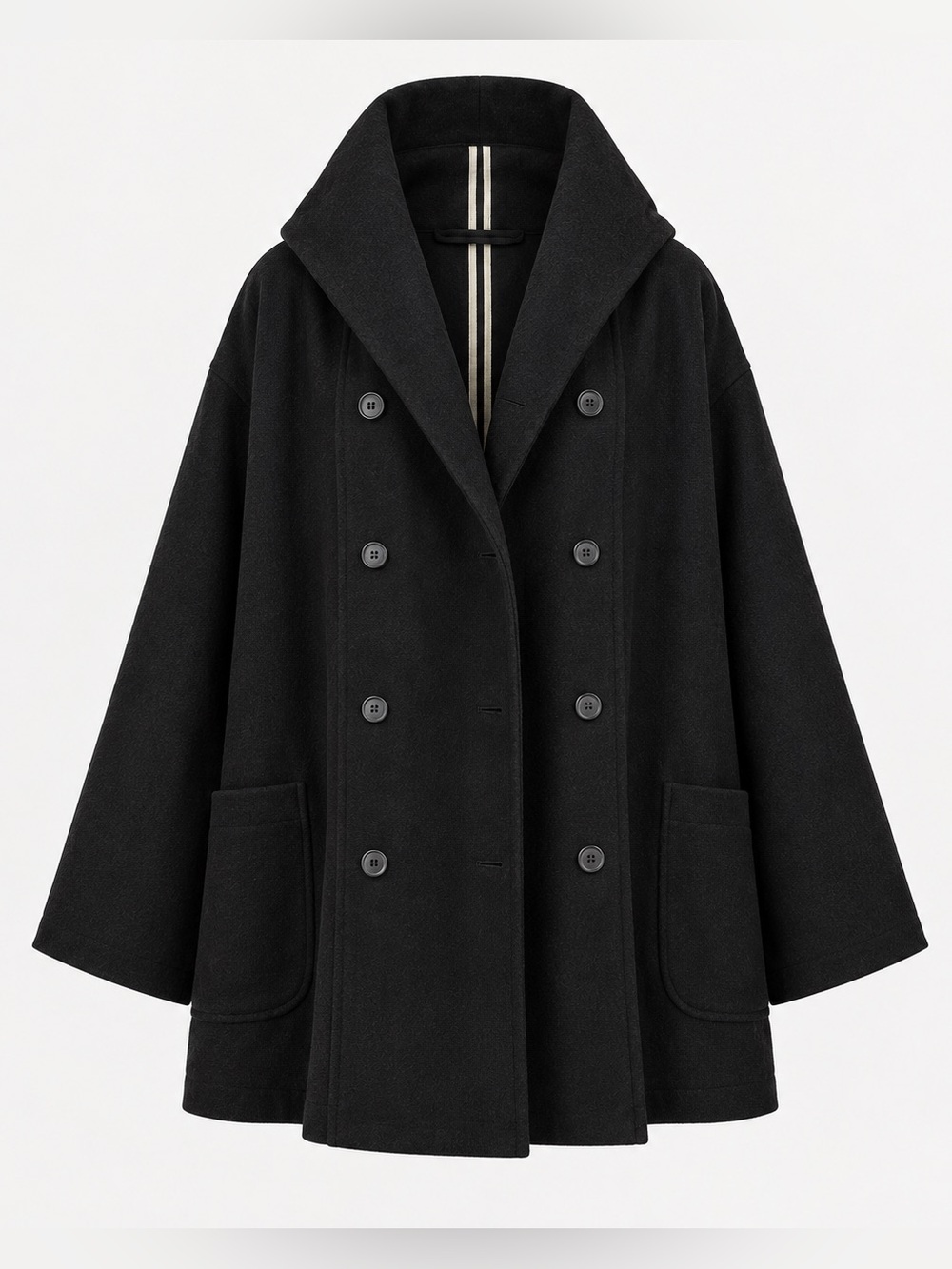 Y’S YOHJI YAMAMOTO F/W 2008 Napoleon Wool Double Breasted Hooded Coat in Black